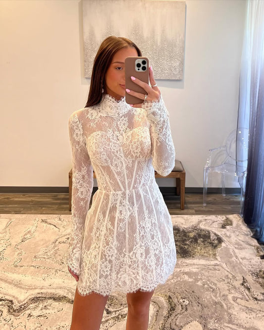 Long Sleeves Lace Wedding Dress White Short Prom Dress J5540