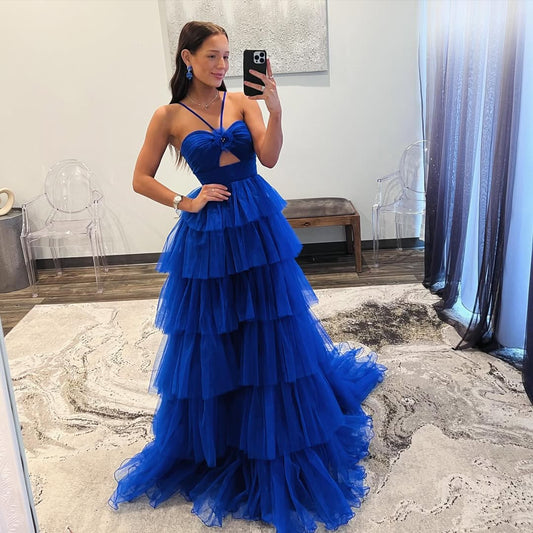 Royal Blue A Line Long Prom Dress Tiered Formal Dress J5546