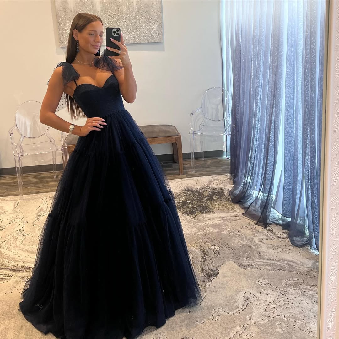 A Line Navy Blue Tulle Long Prom Dress Formal Evening Dress J5549