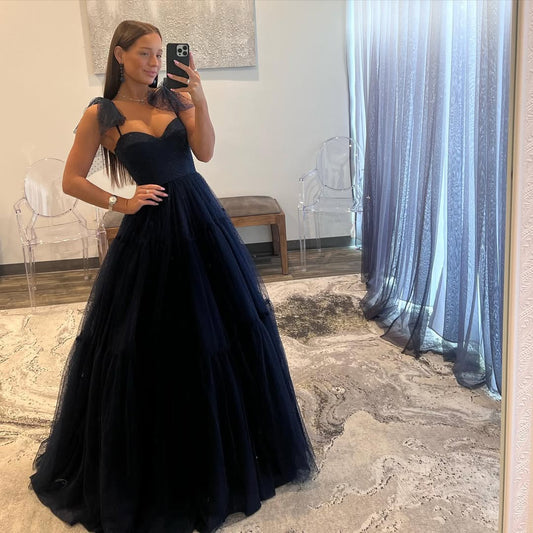 A Line Navy Blue Tulle Long Prom Dress Formal Evening Dress J5549