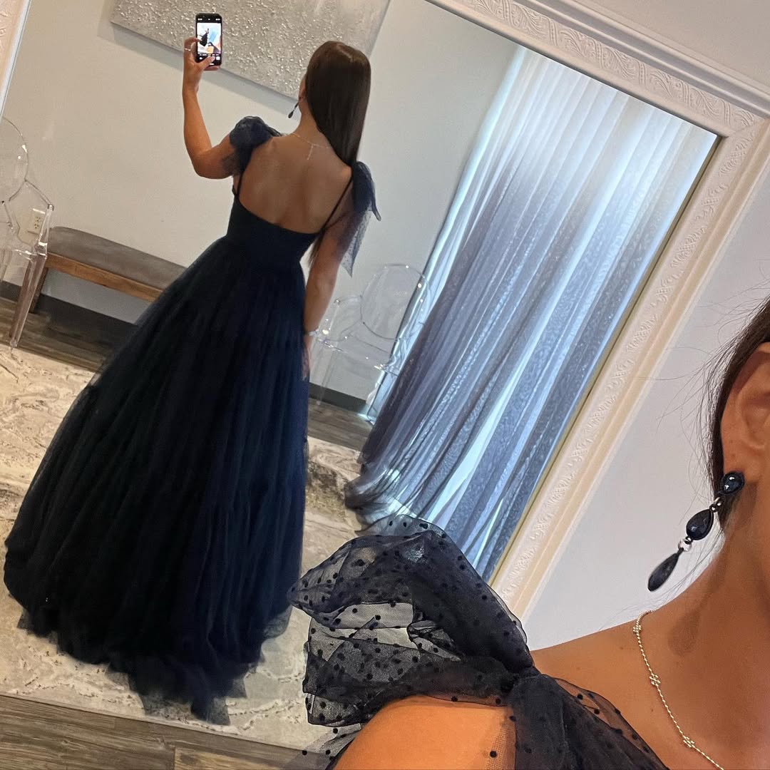 A Line Navy Blue Tulle Long Prom Dress Formal Evening Dress J5549