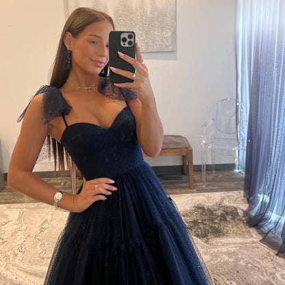 Robe de soirée longue en tulle bleu marine, coupe trapèze, J5549 