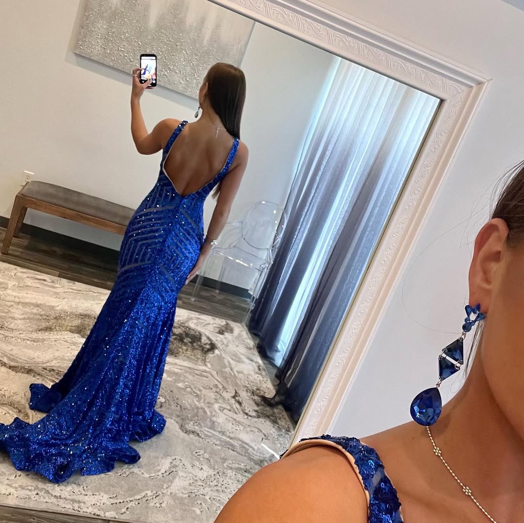 V Neck Royal Blue Sequin Long Prom Dress Mermaid Evening Dress J5551