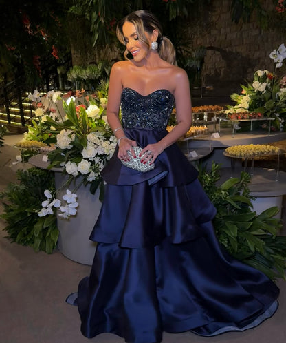 Trägerloses, marineblaues, langes Ballkleid in A-Linie, Abendkleid J5556 