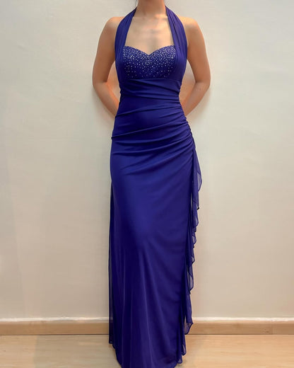 Robe de bal longue violette à volants et dos nu J5558 