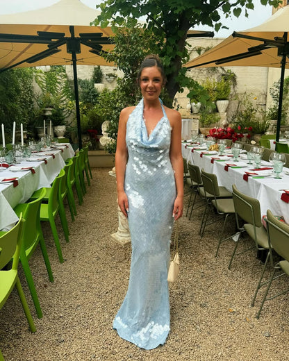 Robe de bal longue à sequins bleus et dos nu, fourreau, robe de soirée formelle J5563 