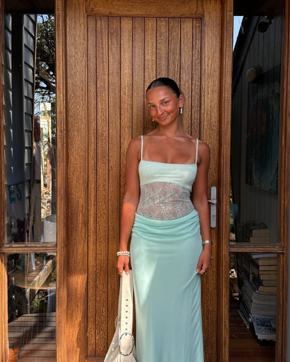 Langes Ballkleid in Tiffany-Blau mit Spaghettiträgern und Spitze, formelles Kleid J5564 