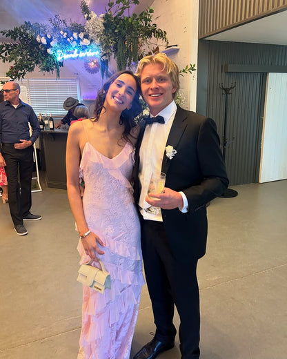 Robe de bal longue en dentelle rose à volants, robe de soirée formelle J5565 