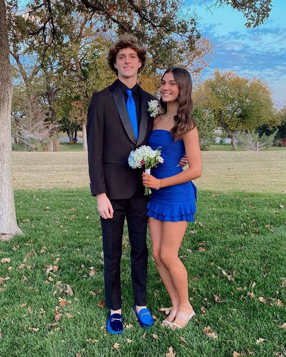 Robe de bal courte bleue sans bretelles J5566 