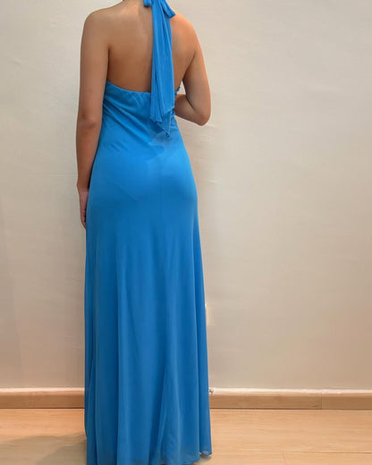 Robe de bal longue bleue en mousseline de soie, coupe trapèze, dos nu, J5567 