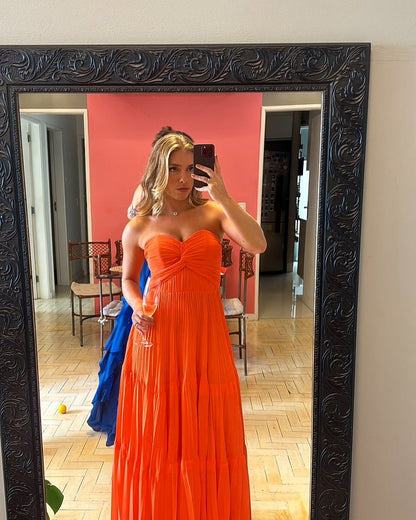 Robe de bal longue orange coupe trapèze, robe d'invitée de mariage J5575 