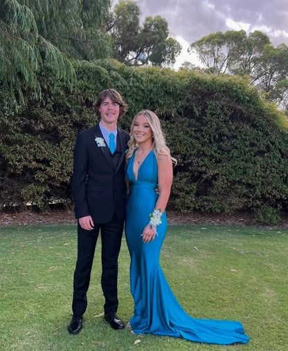 V-Ausschnitt Blau Meerjungfrau Langes Ballkleid Formale Partykleider J5583 