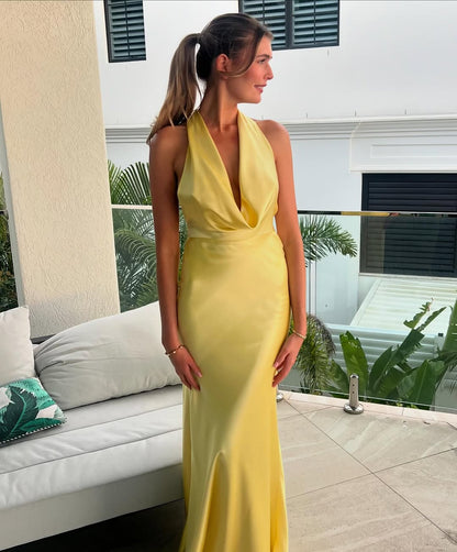 Halfter Gelb Meerjungfrau Langes Ballkleid Formale Partykleider J5595 