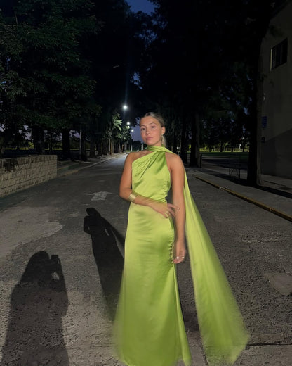 Robe de bal longue sirène verte en satin J5601 