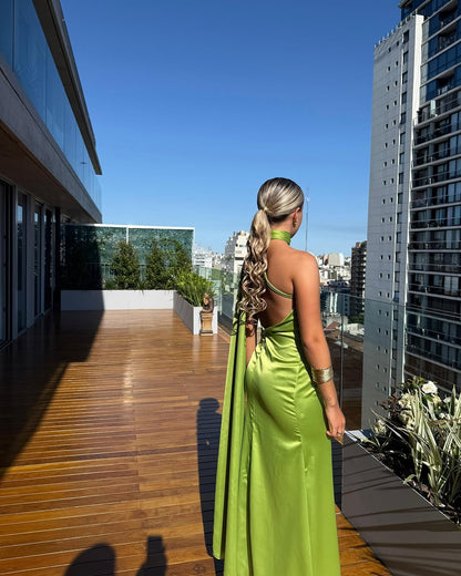 Robe de bal longue sirène verte en satin J5601 