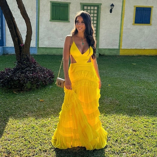 V Neck Yellow A Line Long Prom Dress Ruffle Formal Dresses J5602