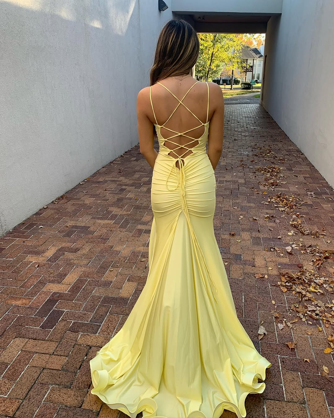 V Neck Mermaid Long Prom Dress Yellow Formal Dresses J5606