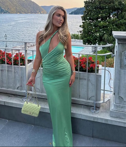 Robe de soirée longue fourreau verte asymétrique J5607 