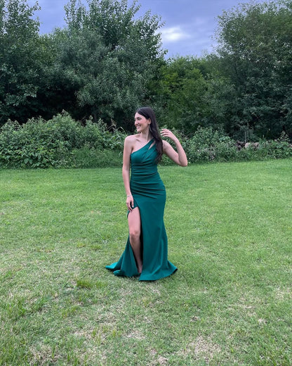 Smaragdgrünes Meerjungfrau-Ballkleid mit Schlitz, langes Abendkleid J5608 