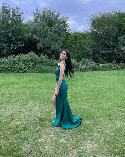 Smaragdgrünes Meerjungfrau-Ballkleid mit Schlitz, langes Abendkleid J5608 