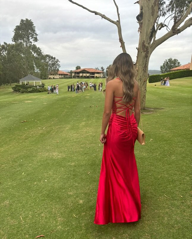 Red Mermaid Long Prom Dress Slit Evening Dress J5610