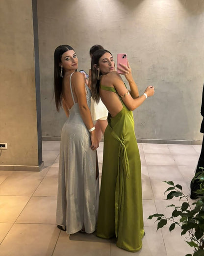 Robe de bal longue verte dos nu en satin J5615 