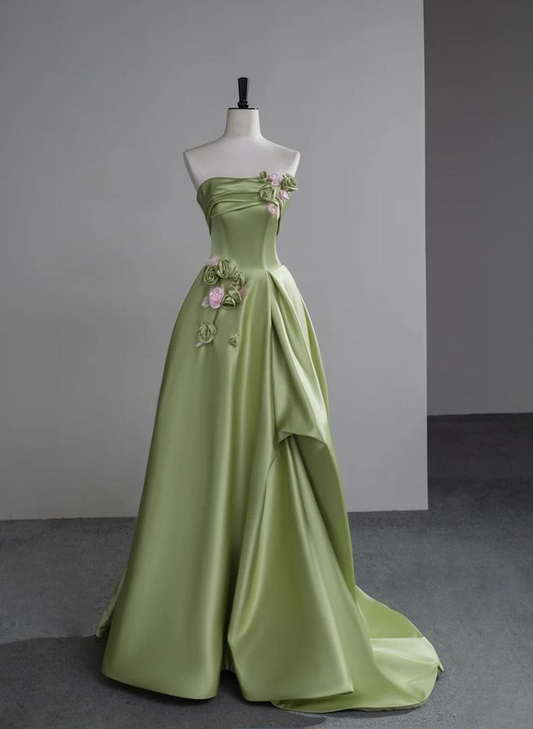 A Line Satin Long Evening Dress 3d Flowers Satin Dress J5634