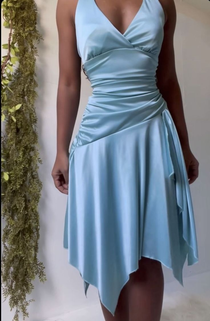 A Line V Neck Blue Satin Prom Dresses Birthday Outfits J5641