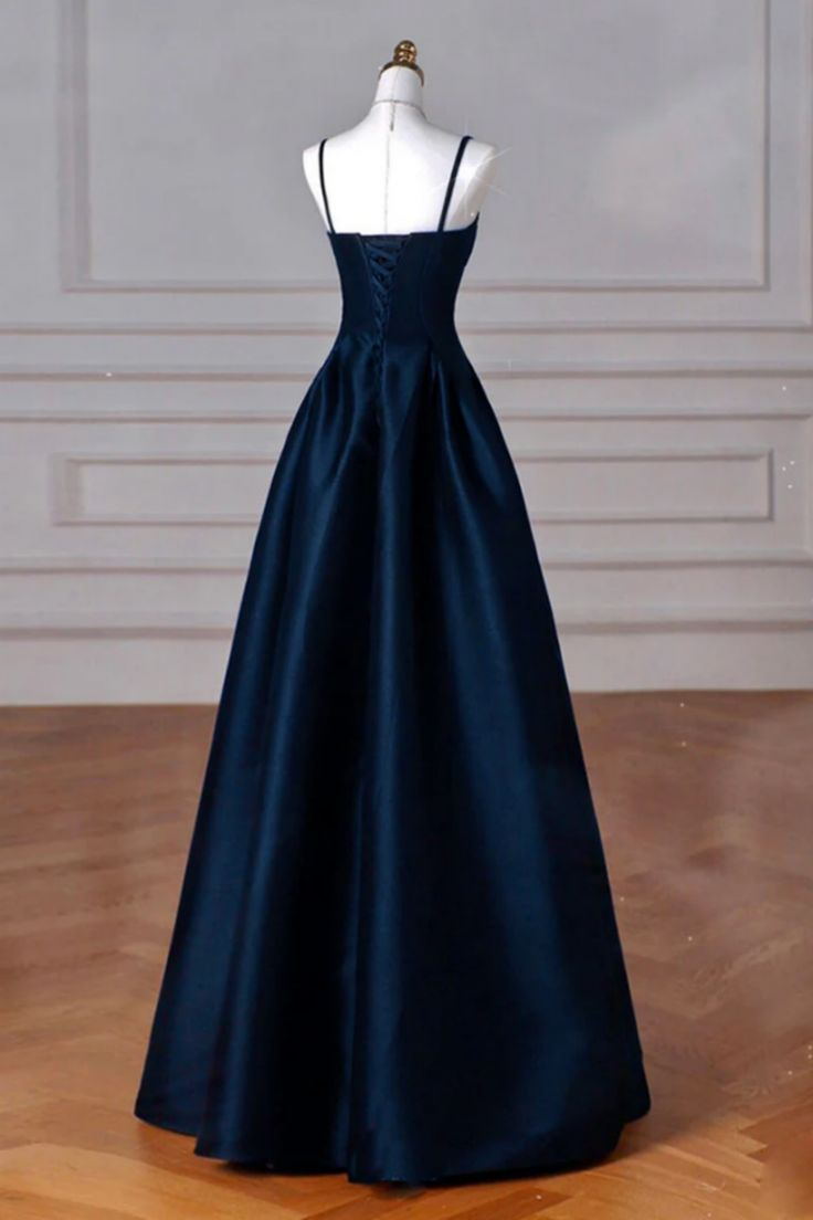 A Line Navy Blue Satin Long Prom Dress J5642