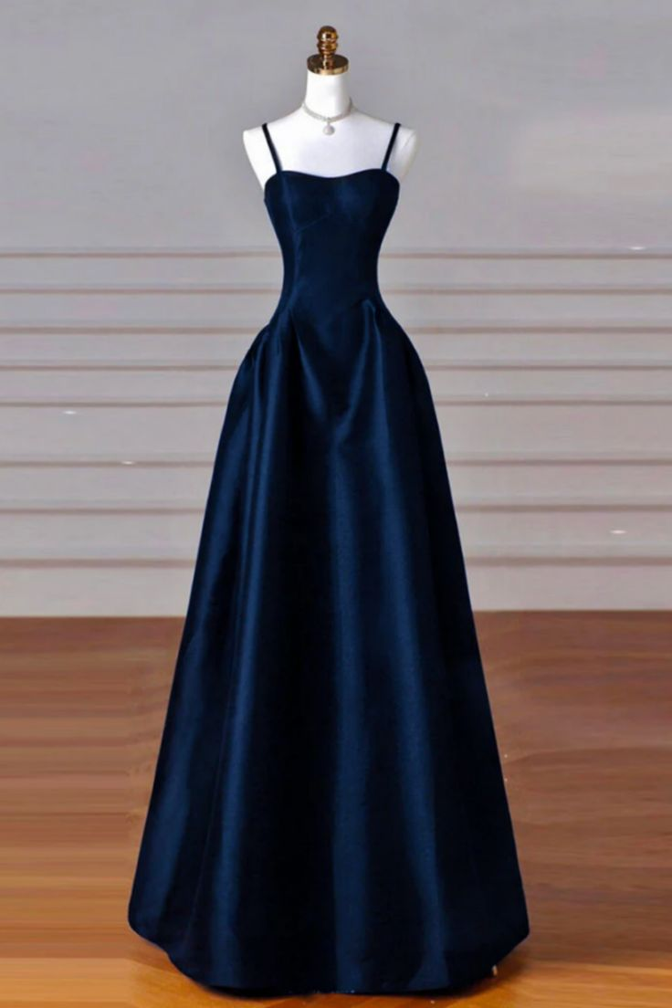 A Line Navy Blue Satin Long Prom Dress J5642