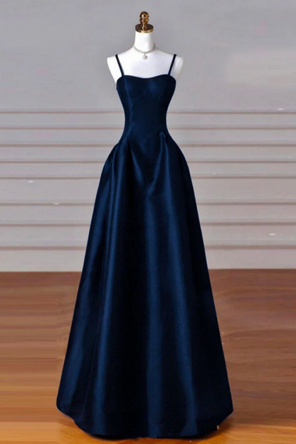 Robe de bal longue en satin bleu marine coupe trapèze J5642 