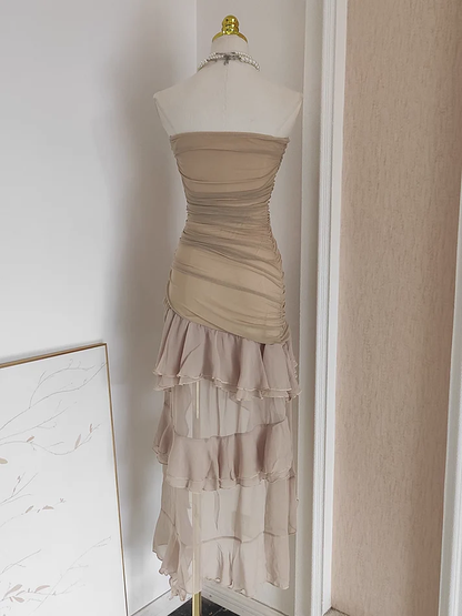 Trägerloses Champagner Chiffon Rüschen Ballkleid J5663 