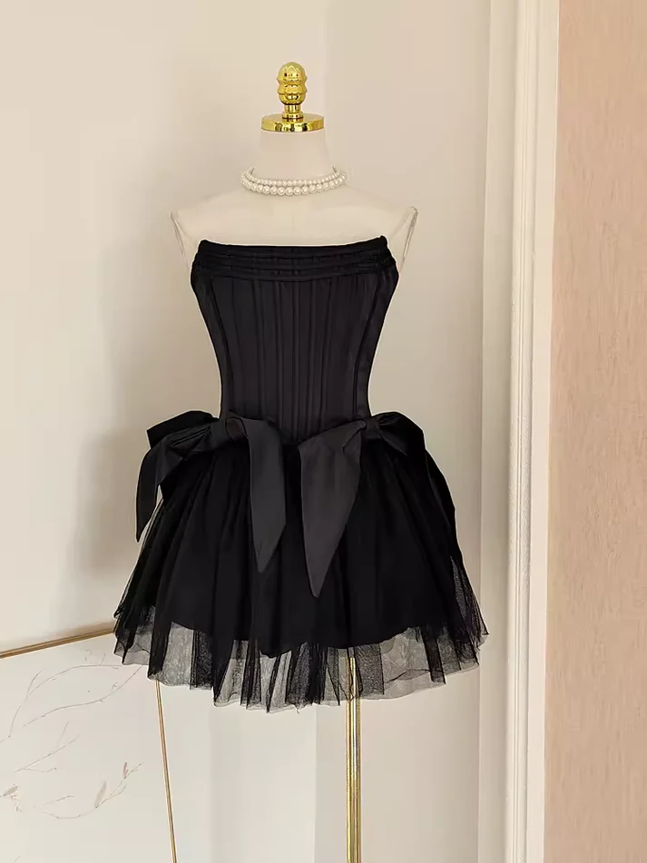 A Line Strapless Black Short Satin Birthday Dress  J5665