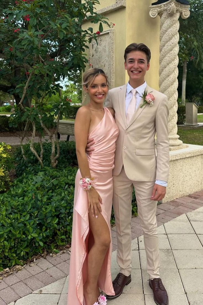 Robe de soirée fendue rose à une épaule, robes de demoiselle d'honneur roses J5668 