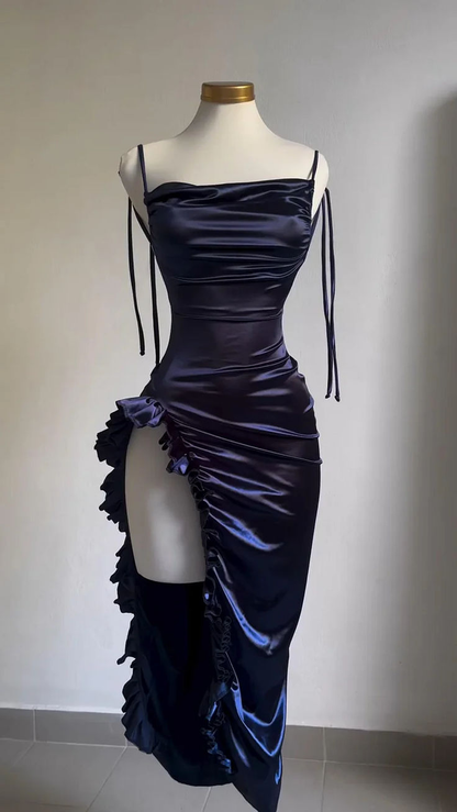 Robe de bal fourreau en satin bleu à bretelles spaghetti J5670 
