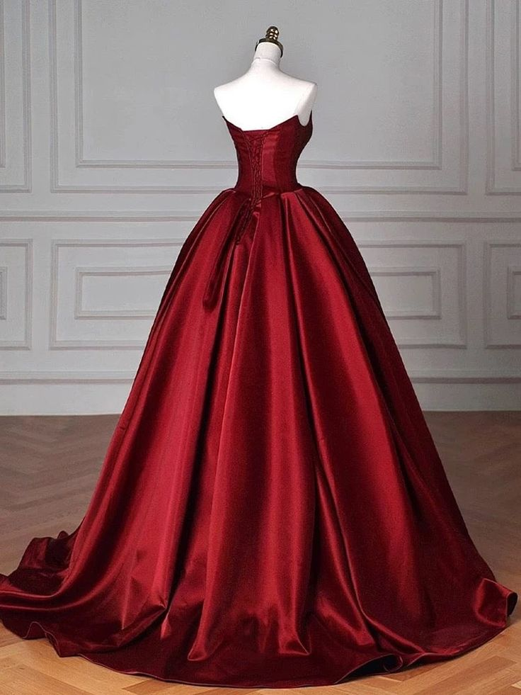 Ball Gown Strapless Burgundy Satin Long Prom Dress Birthday Dress J5671