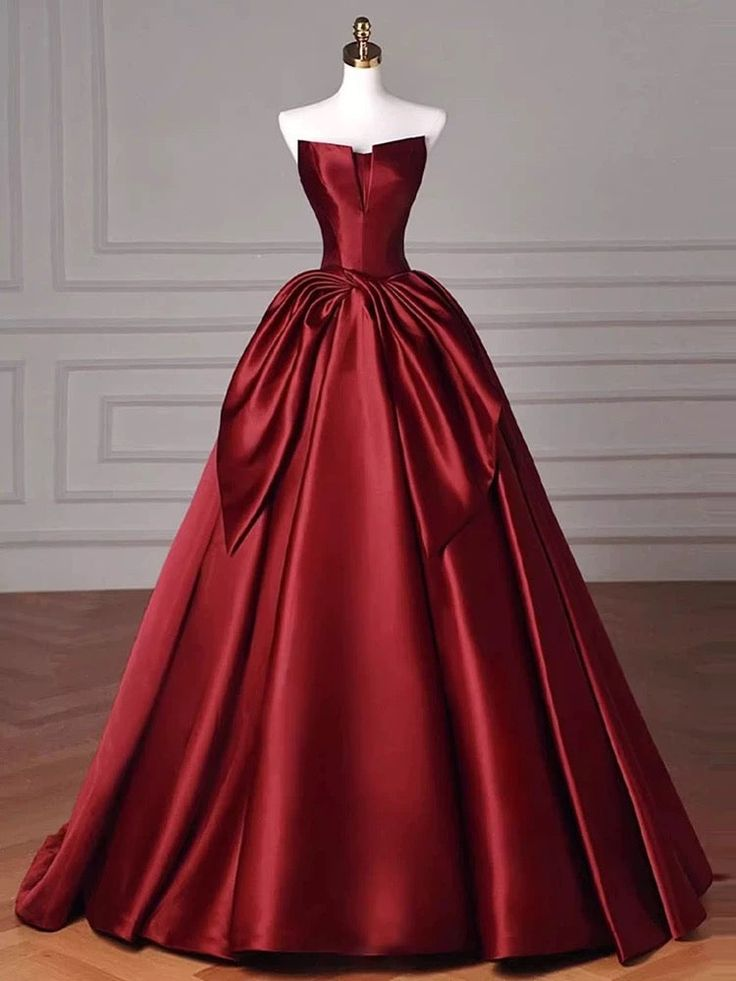 Ball Gown Strapless Burgundy Satin Long Prom Dress Birthday Dress J5671