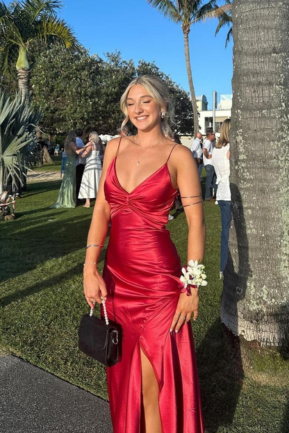 Robe longue en satin rouge, robe de bal longue fendue J5672 
