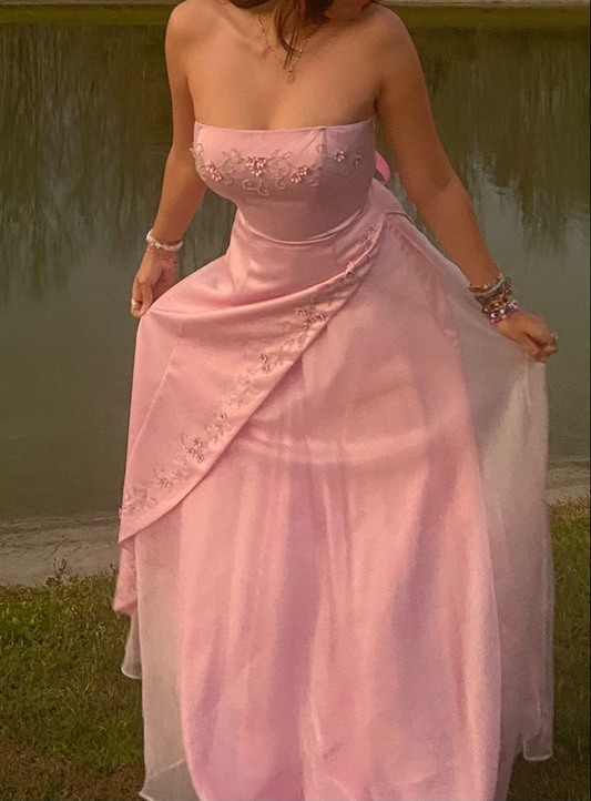 Retro A Line Strapless Pink Chiffon Long Party Dress Prom Dresses J5675