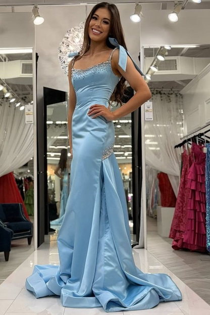 Blaues Meerjungfrau-Ballkleid mit Trägern und Perlen, lang, formelles Kleid J5678 