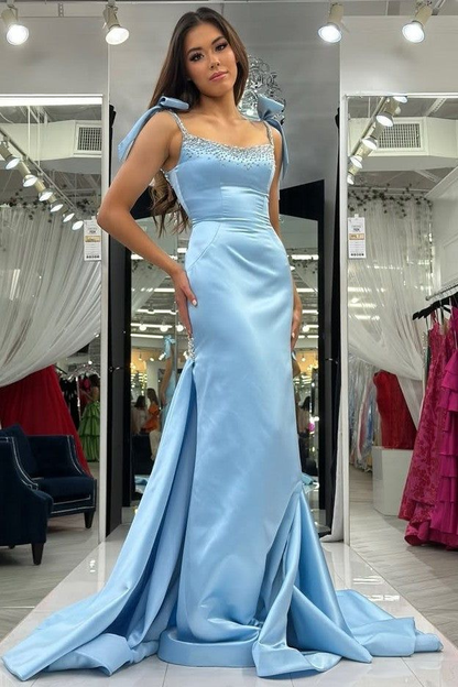 Blaues Meerjungfrau-Ballkleid mit Trägern und Perlen, lang, formelles Kleid J5678 