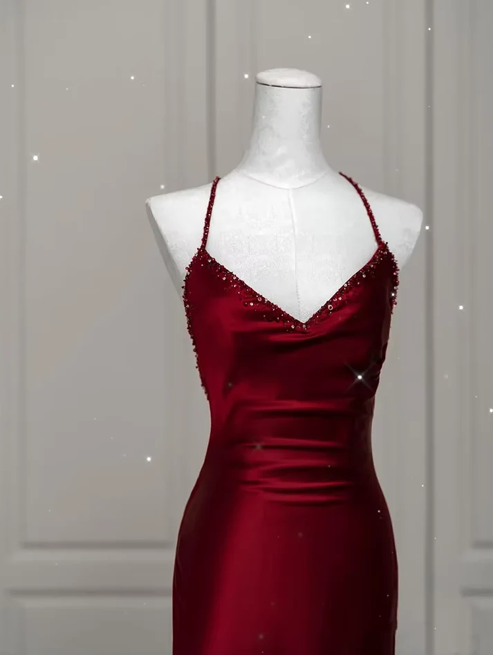 Mermaid Spaghetti Straps Burgundy Satin Backless Prom Dresses J5681