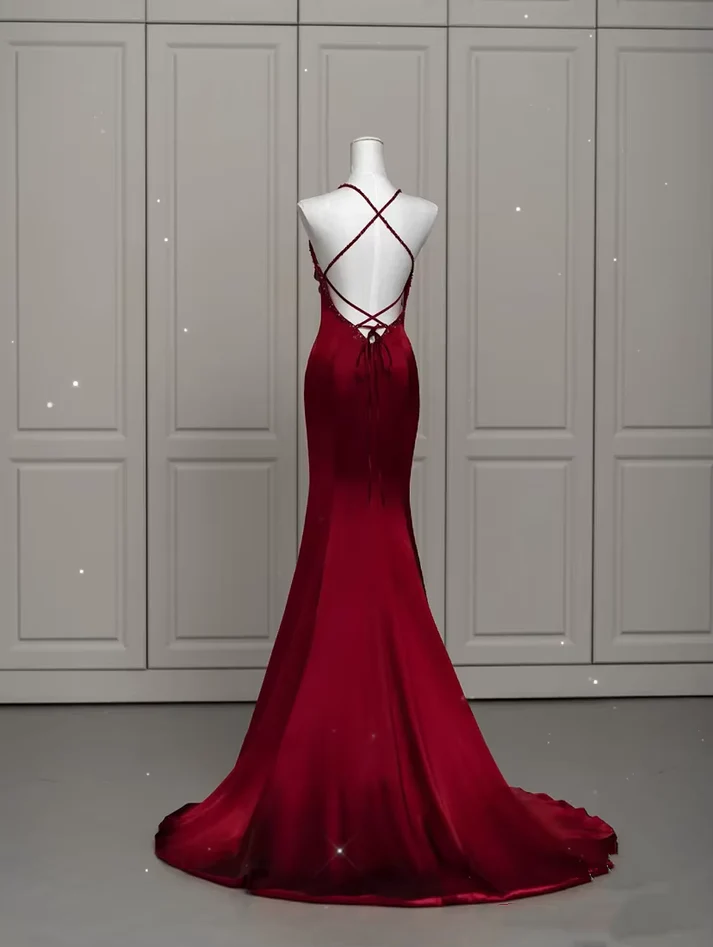 Mermaid Spaghetti Straps Burgundy Satin Backless Prom Dresses J5681