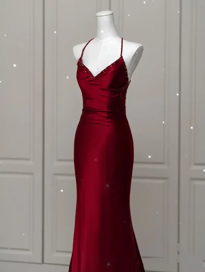 Mermaid Spaghetti Straps Burgundy Satin Backless Prom Dresses J5681