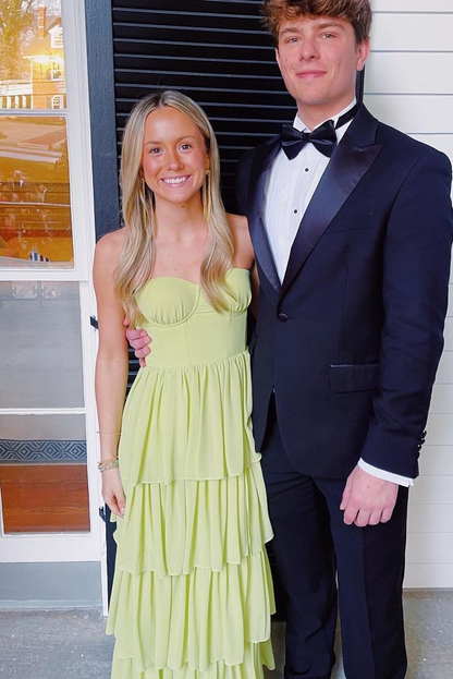 Grünes Chiffon-Maxikleid mit Stufenschlitz, formelles Kleid J5682 