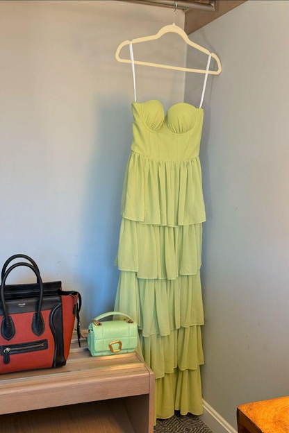 Grünes Chiffon-Maxikleid mit Stufenschlitz, formelles Kleid J5682 