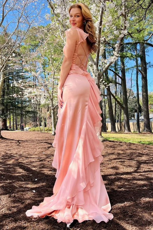 Pink Mermaid Long Prom Dresses Backless Party Dress J5690