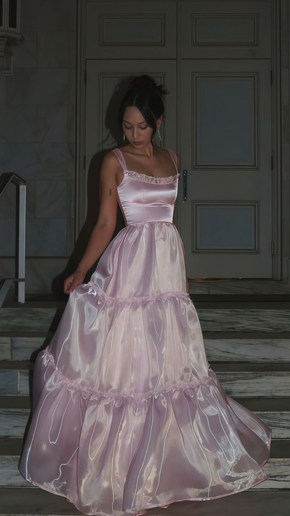 Rosa Organza A-Linie Ballkleider Bodenlang Abendkleid Partykleid J5704 