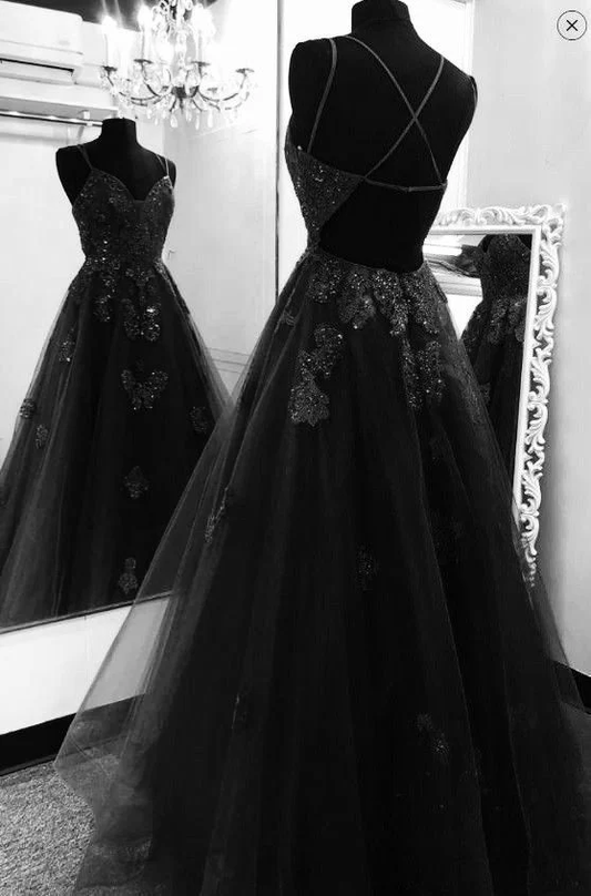 Schwarzes A-Linien-Ballkleid aus Spitze und Tüll, formelles Kleid J5706 