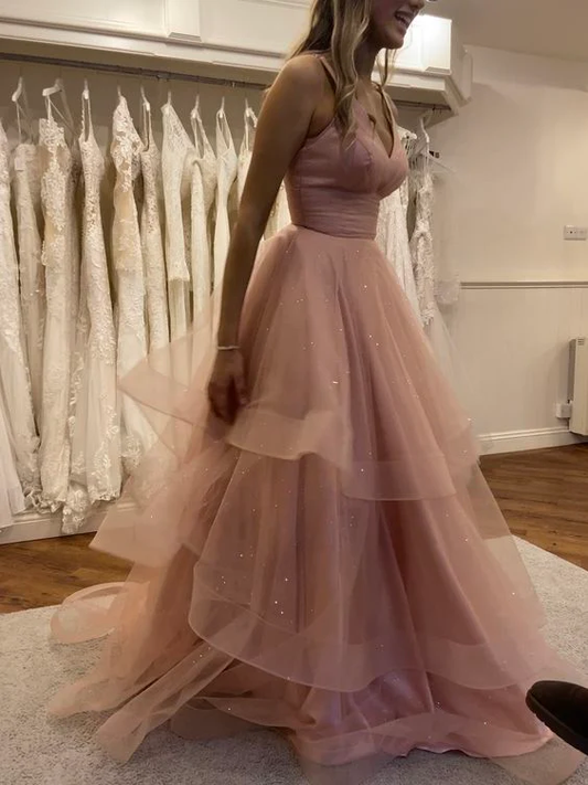 Robe de soirée longue rose coupe trapèze J5711 